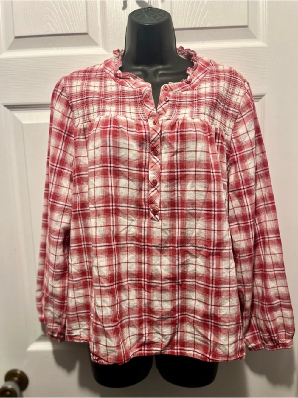 Chaps Blouse Top Plaid Boho Bell Long Sleeve XL Ruffle Collar Button Shirt Red